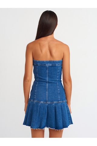 Dilvin Pileli Straplez Denim Elbise Mavi