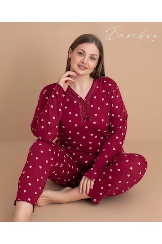Pijamerry Kadın Büyük Beden Dantel Yaka Bambu Uzun Kol İnce Pijama Takımı 5547 - 1 Adet Kırmızı