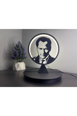 Atatürk Silüetli Halka Led Dekoratif Işıklı Masa/gece Lambası Anlamlı Hediye Adaptör Dahil Siyah