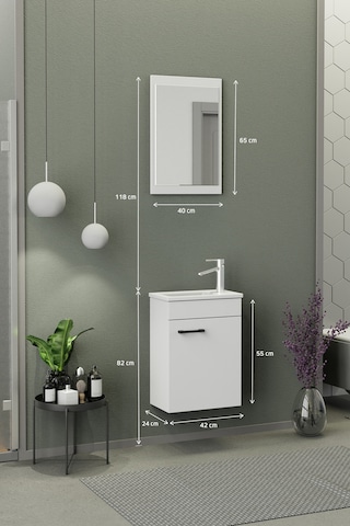 Biani Fix Arya Mini 42 Cm Banyo Dolabı,Seramik Lavabolu, Aynalı,Lavabo Dahil,Mdf,Mat Beyaz