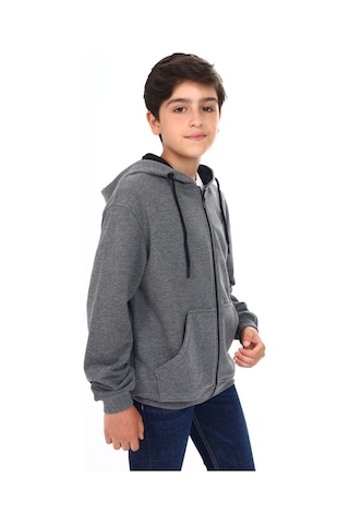 Toontoy Kids Toontoy Erkek Çocuk Kapüşonlu Fermuarlı Cepli Düşük Omuz Baskılı Örme Hırka - 3 İplik Şardonsuz Antrasit Melanj