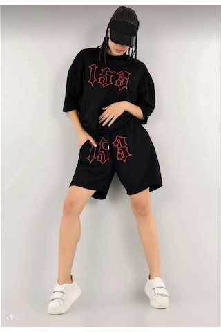 Tarzyeri Kadın Unisex Nakış İşlemeli Şort Takım - Siyah Siyah