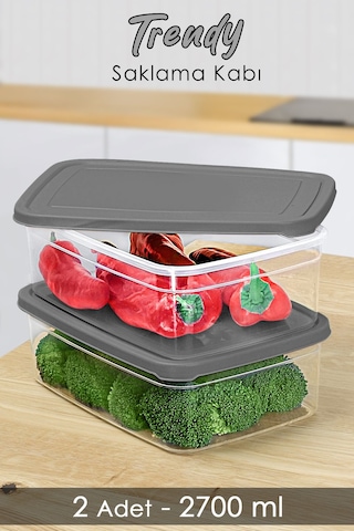 Meleni Home 2 Adet Dikdörtgen Erzak Saklama Kabı Mikrodalgaya Uygun Düzenleyici Organizer 2700 ML Gri