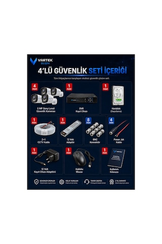 4 Kameralı 5mp Sony Lensli Gece Renkli Güvenlik Kamerası Seti,500 Gb Hdd