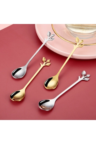 Neevoyu Evde Kullanalım Yeşil Yaprak Desenli Paslanmaz Çelik Kahve Kaşığı, Tatlı Çatalı, Ev Çamaşırı Servis Takımı - Altın Renkli Estetik Spoon Fork Seti Altın
