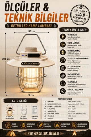 Retro Led Kamp Lambası Usb Şarjlı Taşınabilir Nostaljik Fener Ayarlanabilir Parlaklık Kamp Bahçe Bal Çok Renkli