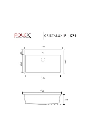 Polex Cristalüx Granit Evye P-X76 Siyah Tezgah Altı Ve Tezgah Üstü Mutfak Evyesi 75x50 CM