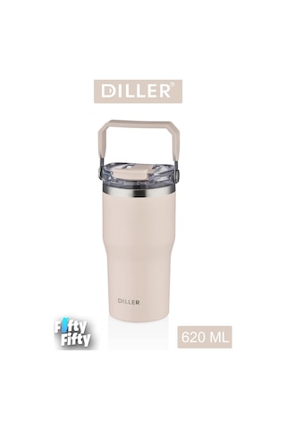Dıller 620 Ml Tek Kapak Çift Kullanım Pipetli/pipetsiz Taşıma Kulplu Mug/çelik Termos-ffdıllerd9168 Krem
