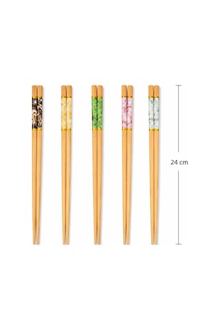 Valkyrie 5 Çift 24cm Bambu Desenli Yemek Çubuğu Seti Hediyelik Kutulu Japon Sushi Chopstick Ahşap