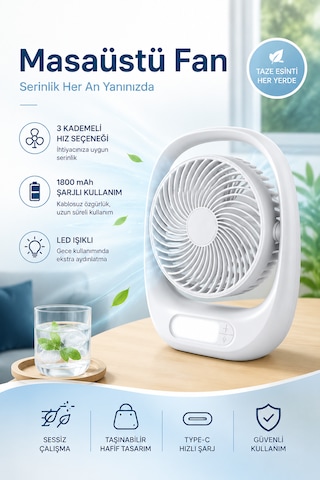 Masaüstü Vantilatör 3 Kademeli 1800mah Şarjlı Led Işıklı Taşınabilir Ev Ofis Vantilatör