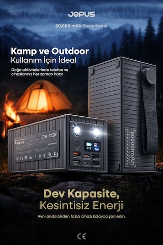 Jopus 60.000 mAh 27W Süper Hızlı Outdoor Kamp Powerbank Dijital Göstergeli Fenerli Taşınabilir Şarj Cihazı