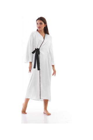 Laperissa Kadın Beyaz Saten Sabahlık Kuşaklı Siyah Biyeli Şık Ev Giyim Beyaz