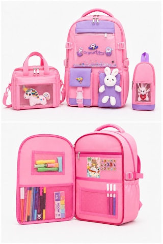 Quovo Kawaii Kore Tarzı Aksesuarlı Ortopedik Yerli Okul Çantası Kız Erkek Beslenme Kalemlik Çanta Seti Pembe
