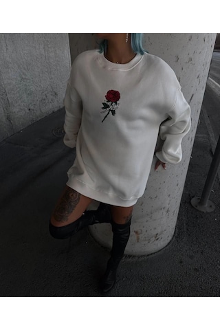 Mbb E-ticaret Kadın 3 İplik Pamuklu Bisiklet Yaka Gül Baskılı Sweatshirt - Beyazbeyaz Beyaz