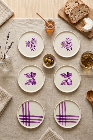 Lila Gift 6 Lı Seramik Pasta Tabağı 20 Cm Lila Desenli 6 Kişilik Tatlı Sunum Servis Tabak Seti Beyaz