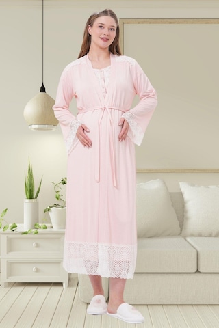 Mecit 6204 Pembe Hamile Lohusa Dantelli Sabahlık Gecelik Takım