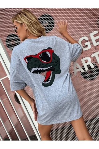 Flood Of Style Kadın Gri Sırt Baskılı Dinazor Oversize T-shirt