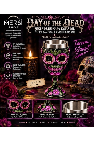 Day Of The Dead Şeker Kuru Kafa Tasarımlı 3d Kabartmalı Paslanmaz Çelik Kadeh Bardak 18x7 Cm Çok Renkli