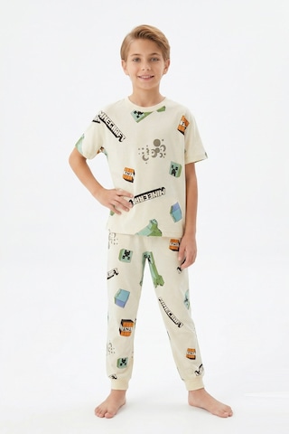 Bunny Hopp Yazlık Kısa Kollu Erkek Çocuk Pijama Takımı Oyun Desenli %100 Pamuk Krem