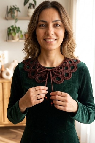 Bb Bibutikshop Kahverengi El Örgüsü Fiyonk Bağcıklı Takılabilir Yaka Vintage Dantel Model Renkli