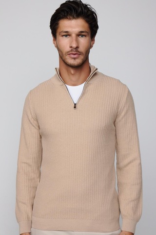 Tudors Slim Fit Dar Kesim Dik Yaka Fermuarlı Desenli Bej Erkek Triko Kazak-28924 Taş - Ekru