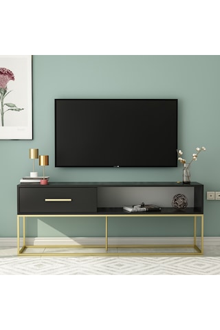 Mira Tv Ünitesi 160 Cm Kapaklı Ve Raflı, Gold Ayak, Modern Tasarım - Siyah/gold Siyah/gold