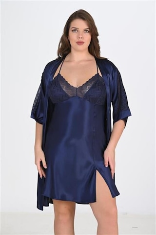Modenya Premium Büyük Beden Saten Dantel İşlemeli Lacivert 2'li Gecelik Sabahlık Takımı Bigsize 3xl