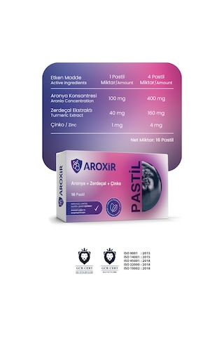 Aroxir Pastil Solunum Yollarını Rahatlatıcı Ve Koruyucu Destek Aronya, Zerdeçal Ve Çinko 2x16'lı Pastil