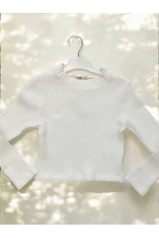 Kız Çocuk Kışlık Yuvarlak Yaka Fittili Basıc Kazak-14427 Beyaz