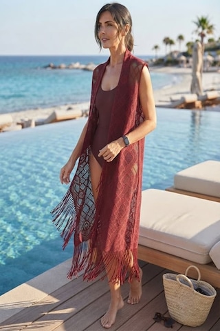 Maşuka Dantel Detaylı Püsküllü Plaj Pareosu Ve Kolsuz Kimono, Yelek Aksesuar Bordo Bordo