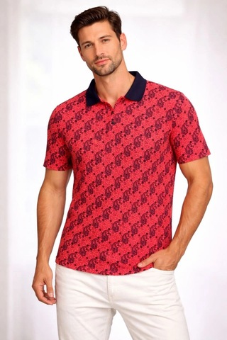Barlashive Erkek Pike Kumaş Polo Yaka Palmiye Desenli Tişört Kısa Kol Yazlık T-shirt - Kırmızı Çok Renkli