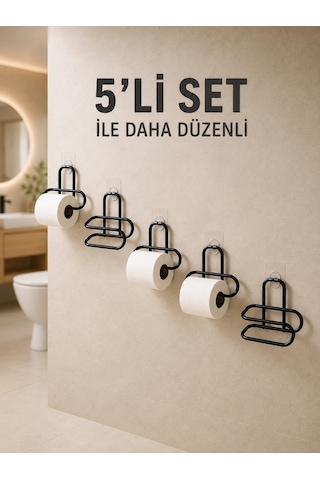 Mey İthalat Yapışkanlı Tuvalet Kağıdı Askısı Siyah Metal Delmeden Montaj Wc Kağıtlık 5 Adet Diğer