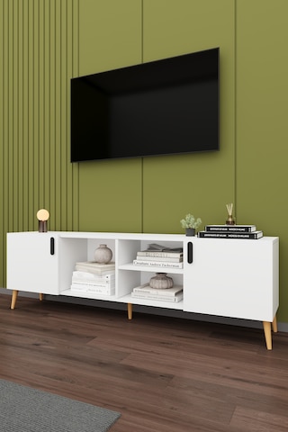 Asra Trend Tv Ünitesi T-09 %100 MDF 180 cm Tv Sehpası Dolaplı Raflı Beyaz