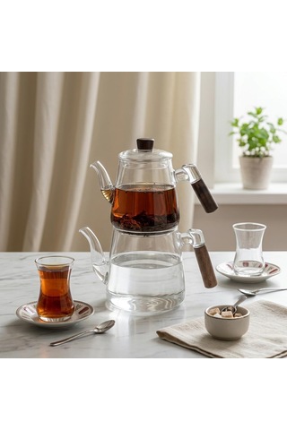 1000 Ml + 750 Ml Akasya Ahşap Kulplu Cam Çaydanlık Takımı - Isıya Dayanıklı Borosilikat Pürüzsüz Şeffaf Tasarım, Yaylı Süzgeçli Lüks Çaydanlık Çok Renkli