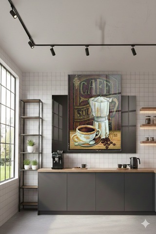 Cafe Atmosferi Yaratan Retro Kahve Cam Tablosu
