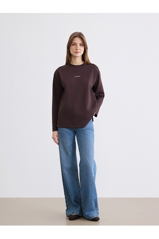 Lcw Comfort Kahverengi Bisiklet Yaka Baskılı Soft Touch Kadın Sweatshirt