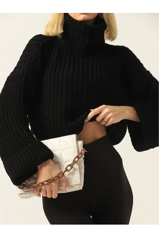 Kozia Outdoors Kadın Balıkçı Yaka Crop Parmak Detaylı Triko Siyah