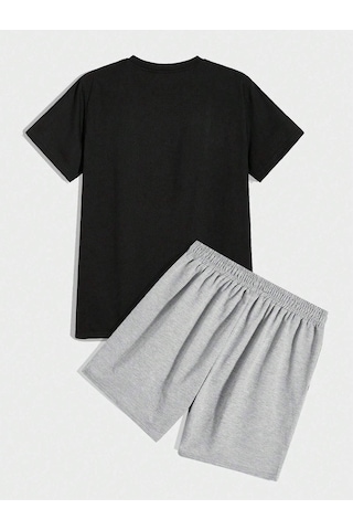 23 Sayılı T-shirt Şort - Siyah Gri Alt Üst Takım Şort Tişört Kombin Baskılı Bisiklet Yaka Siyah