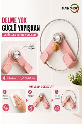 Mainshop 1 Adet Duvara Monte Tencere Kapağı Tutucu,delme Gerektirmez ,mutfak Tencere Kapağı Düzenleme M-56 Pembe