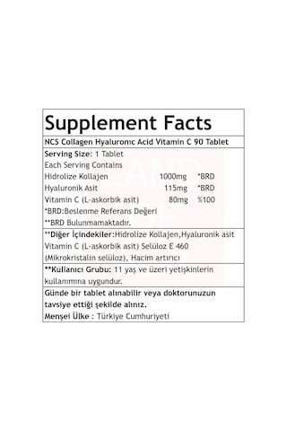 Kolajen Hyaluronıc Acid Vitamin C Gluten Free 90 Tablet - Hap Kutusu
