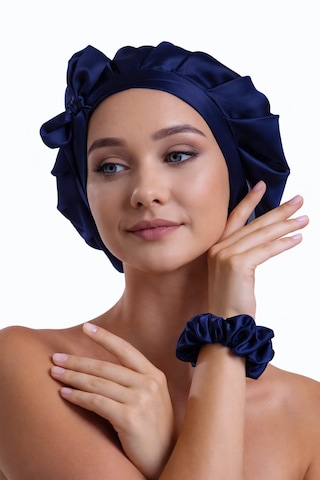 Silkwormlife %100 Saf Ipek, Uzun Bağcıklı Lüks Gece Bakim Bonesi Lacivert - Lacivert