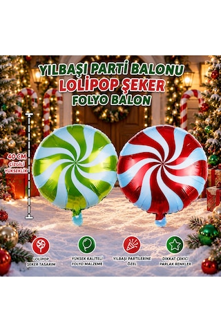 Vıp Yüksek Kalite 2 Adet 40 Cm Kırmızı Yeşil Lolipop Şeker Yılbaşı Balonu Lolipop Şeker Folyo Balon
