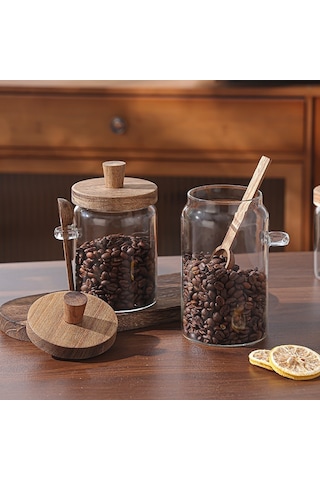 Qerhome 2'li Borosilikat Cam Akasya Kapaklı Ve Akasya Kaşıklı Cam Kavanoz Seti 450 Ml - 550 Ml Şeffaf