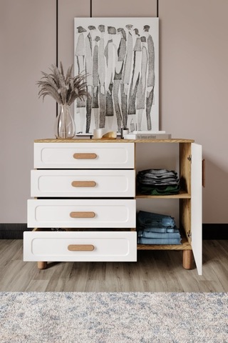 Flora Bohem Serisi 4 Çekmeceli 1 Kapaklı Şifonyer Modern Tasarım Mdf Mebran Kapak Aytaşı Ceviz 95x90 Ceviz - Ekru