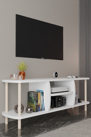 Modern Tv Ünitesi Ahşap Raflı 2 Katlı 4 Raflı Televizyon Sehpası Televizyon Ünitesi Beyaz