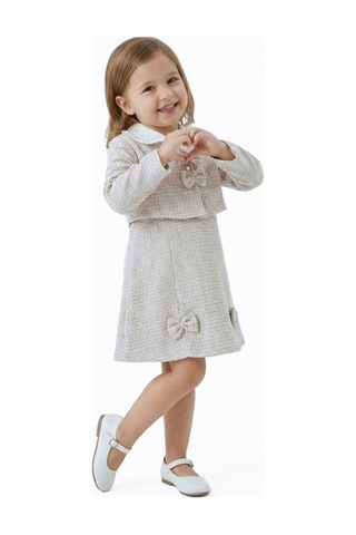 Xo Kids Fiyonklu Bebe Yakalı Tüvit Kız Çocuk 3lü Bej Elbise Takımı 3-7 Yaş 4410 Bej