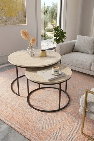 Milas Orta Sehpa 75-60cm Siyah Metal - Traverten Desen Tabla Siyah Traverten