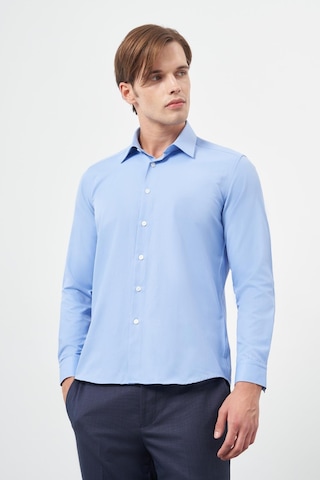 İmza Mavi Uzun Kol Düz Bez Ayağı Sert Yaka Cepsiz Pamuklu Classic Slim Fit Gömlek 1004245267 Mavi