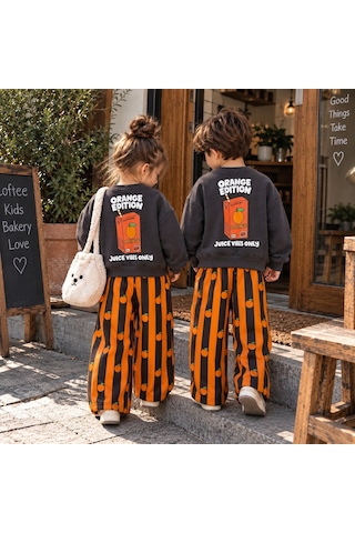 Juice Vibes Only Baskılı Sweatshirt Portakal Desenli Çizgili Alt Üst Takım 3iplik Siyah