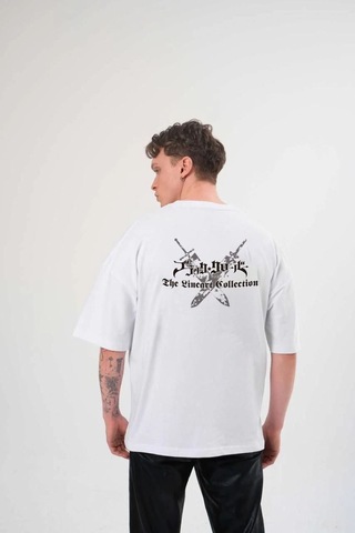 Erkek Kısa Kol Tişört Bisiklet Yaka Yonca Baskılı Oversize T-shirt - Beyaz
